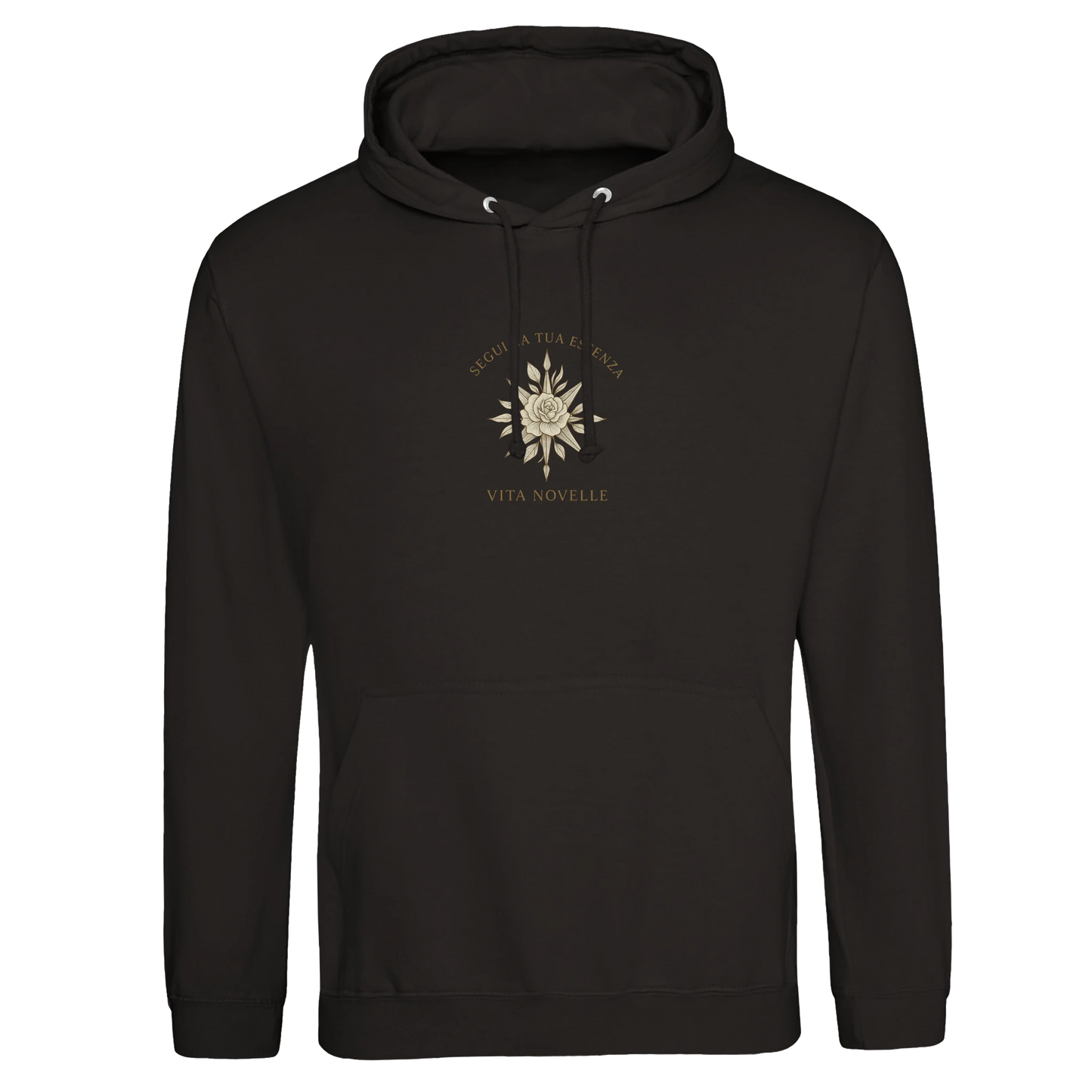 Essenza Premium Unisex Hoodie in neutralem Design, mit Rose- und Kompass-Logo – symbolisiert Freiheit und Lebensweg.