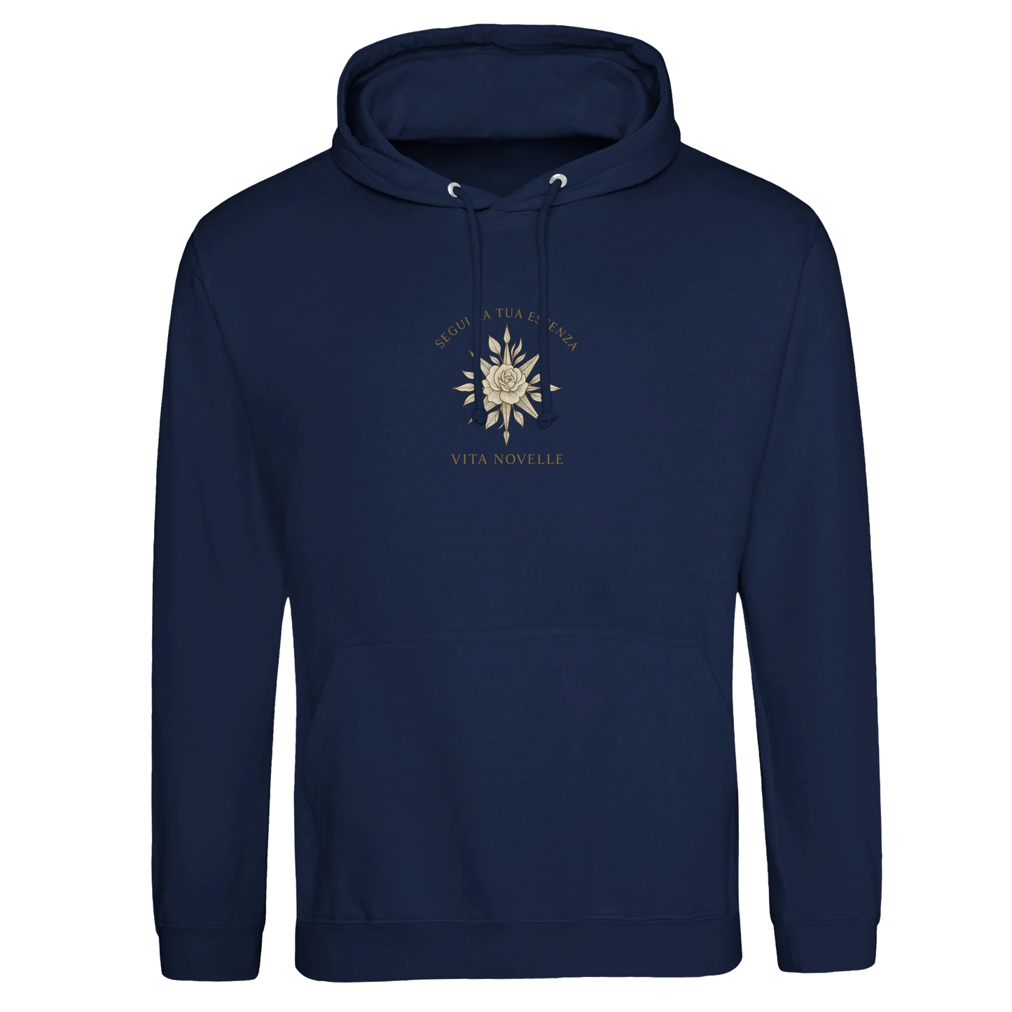 Essenza Premium Unisex Hoodie in neutralem Design, mit Rose- und Kompass-Logo – symbolisiert Freiheit und Lebensweg.