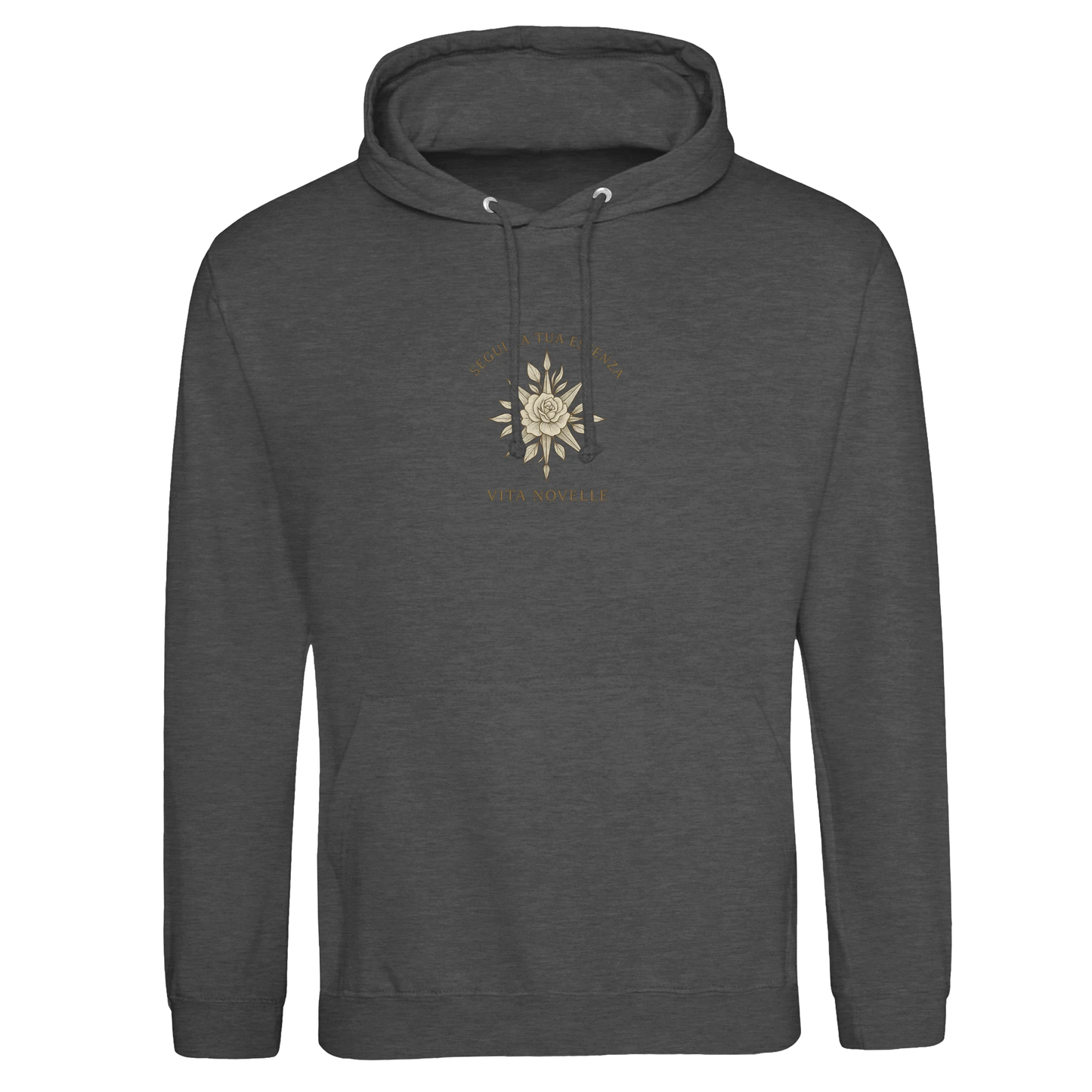 Essenza Premium Unisex Hoodie in neutralem Design, mit Rose- und Kompass-Logo – symbolisiert Freiheit und Lebensweg.