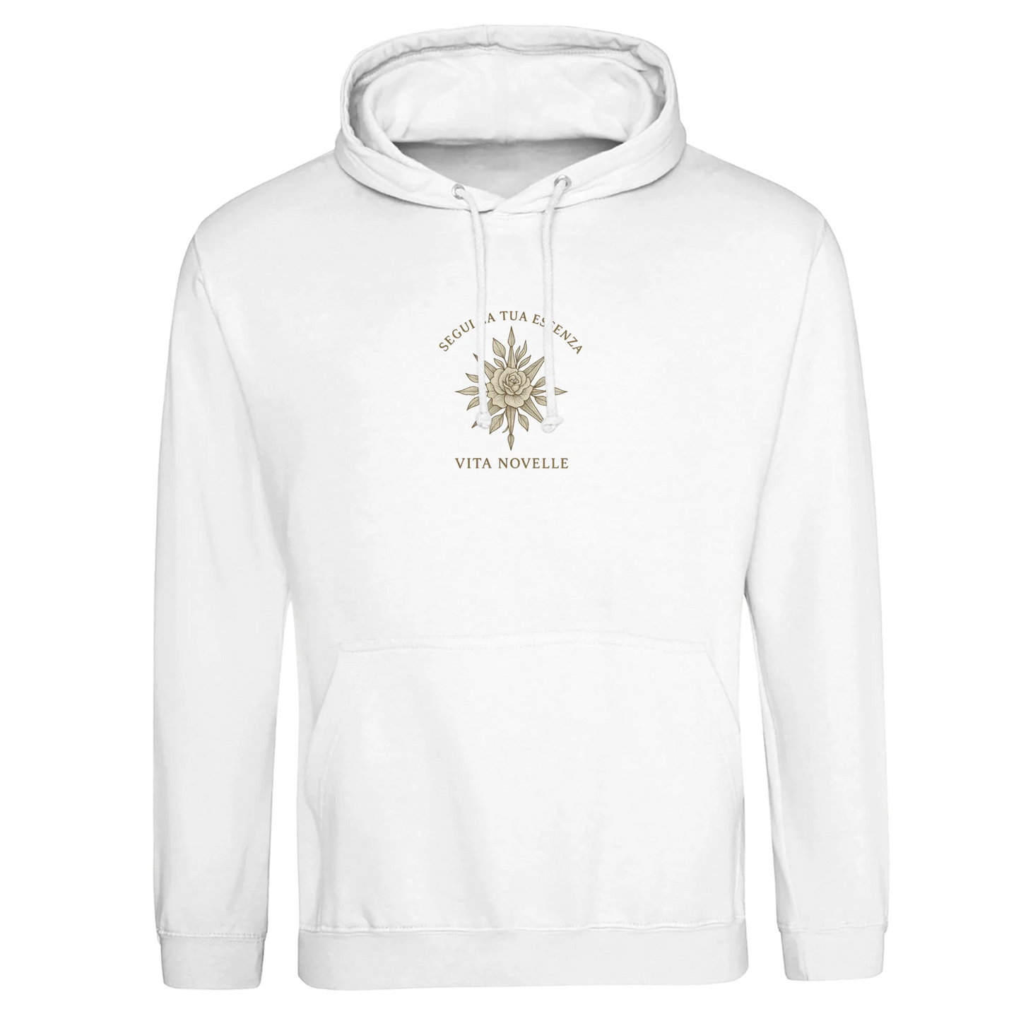 Essenza Premium Unisex Hoodie in neutralem Design, mit Rose- und Kompass-Logo – symbolisiert Freiheit und Lebensweg.