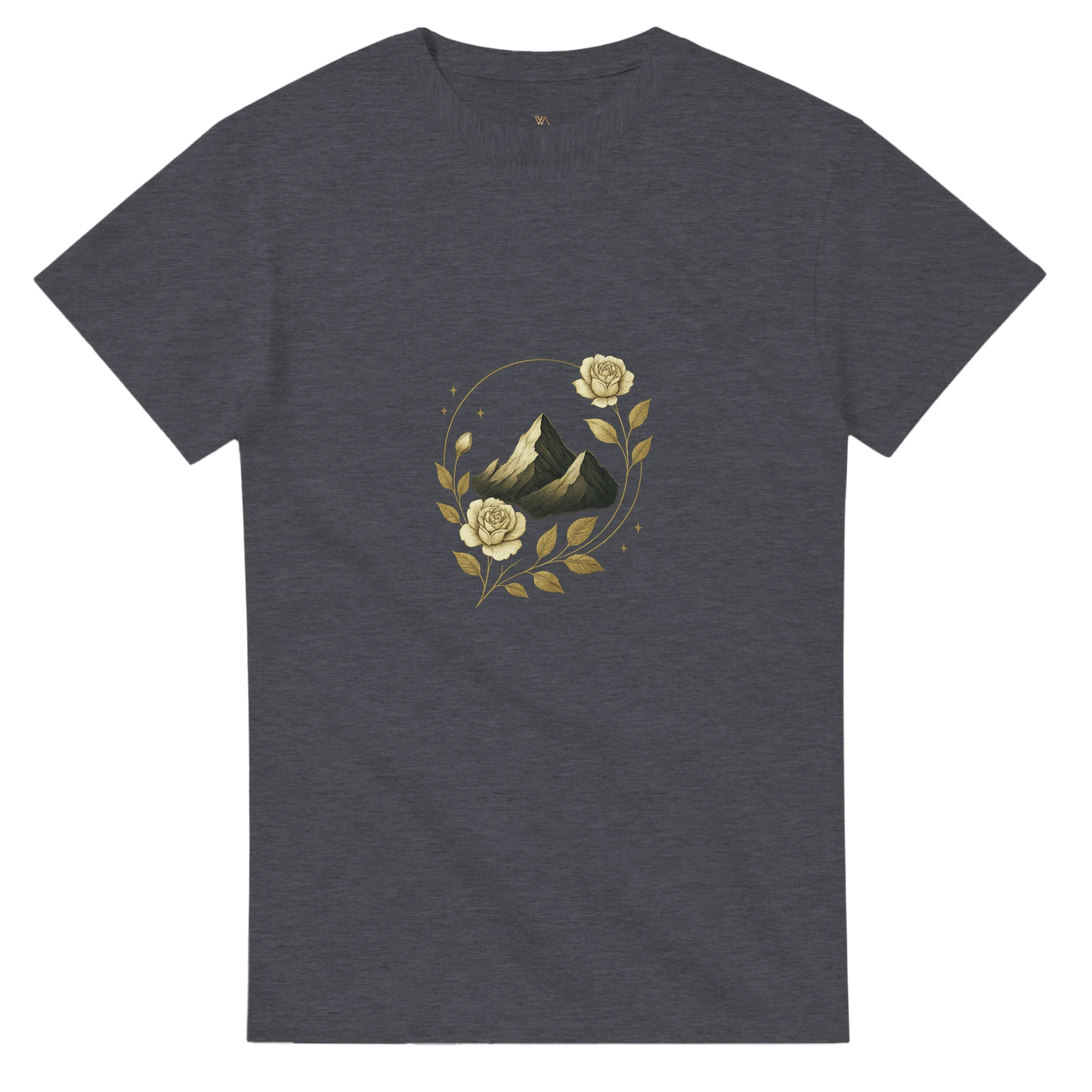 Vita Novelle T-Shirt mit stylisiertem Berg-Design und roser Symbolik – minimalistischer, eleganter Look für Fashion und Lifestyle.
