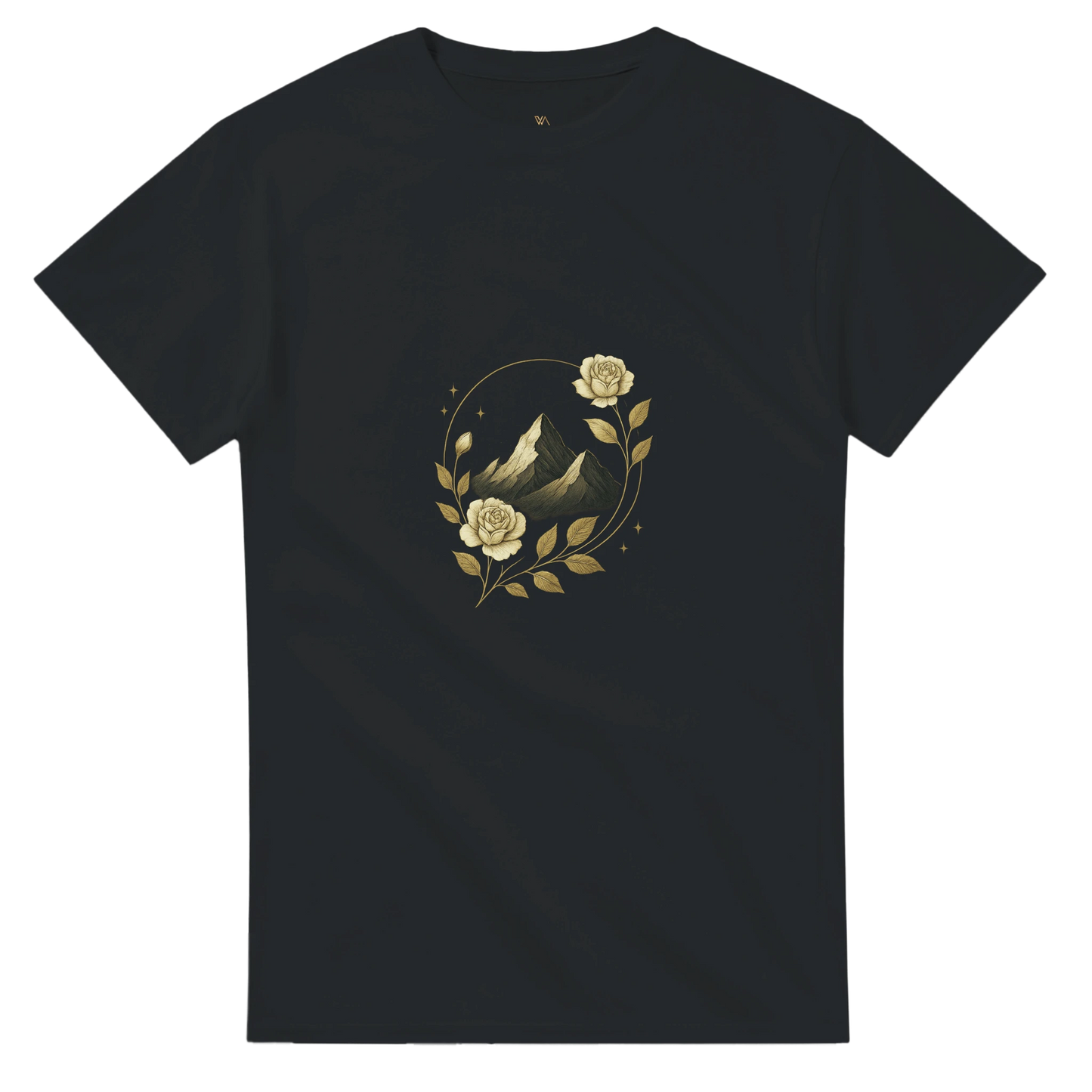 Vita Novelle T-Shirt mit stylisiertem Berg-Design und roser Symbolik – minimalistischer, eleganter Look für Fashion und Lifestyle.