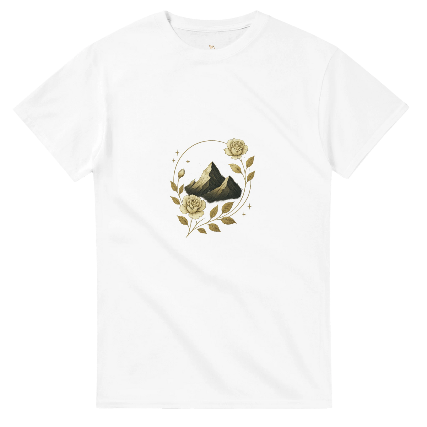 Vita Novelle T-Shirt mit stylisiertem Berg-Design und roser Symbolik – minimalistischer, eleganter Look für Fashion und Lifestyle.