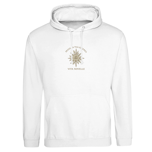 Essenza Premium Unisex Hoodie in neutralem Design, mit Rose- und Kompass-Logo – symbolisiert Freiheit und Lebensweg.